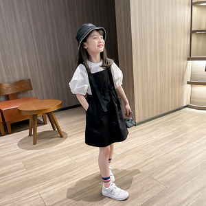韩国女童背带裙夏两件套2024新款洋气中大童夏装网红套装连衣裙