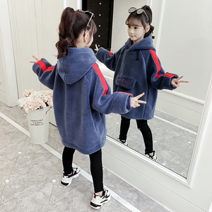韩国女童加绒卫衣2023新款秋冬装儿童洋气时髦中长款衣服连帽上衣