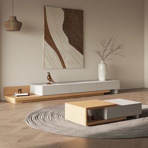 伸缩电视柜日式原木色现代简约小户型意式极简北欧客厅侘寂风地柜