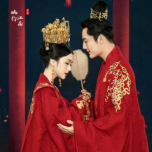 婉约江南古装主题影楼摄影写真服装红色结婚喜服情侣汉服喜成连理