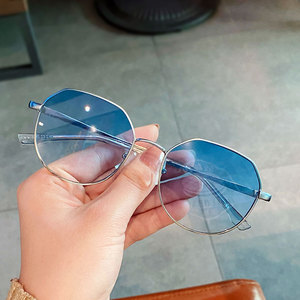 复古蓝色镜片墨镜女小脸款2021新款圆形小框透明彩色夏天眼镜韩版