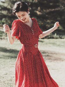 80年代港风女装夏季红色波点连衣裙法式复古着vintage雪纺红裙子
