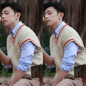 夜旅人邓伦同款拼接撞色毛衣背心韩版v领无袖时尚套头上衣男女潮