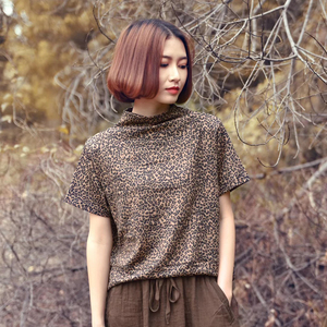 拿撒勒正品春九分袖长袖豹纹印花t恤女气质低半高领韩版上衣大码