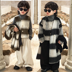 韩版秋冬季男童呢子大衣童装 新品儿童毛呢长款大衣格子外套帅气