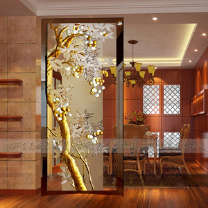 艺术玻璃玄关背景墙隔断客厅屏风轻奢立体雕刻金箔工艺透光发财树