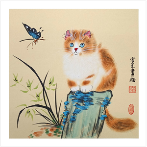 名家纯手绘国画原创真迹宏先画猫工笔卡纸斗方玄关房间大客厅挂画