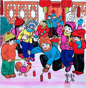 过年儿童放炮农村小孩春节民俗程敏生西安户县农民画尺寸25x25cm