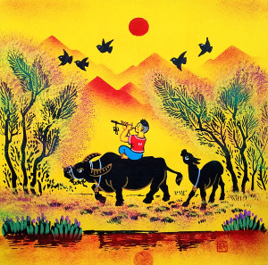 牧歌牧牛牧童骑牛农家乐院装饰户县农民画大观园字画尺寸25x25cm