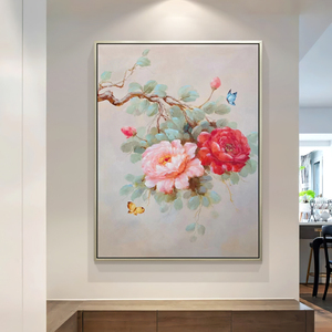 入户玄关装饰画竖版轻奢牡丹挂画新中式客厅走廊过道餐厅手绘油画
