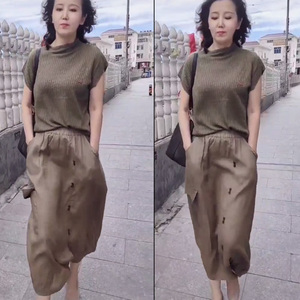 迷姿绣服饰抖音同款夏季气质文艺范棕色针织上衣高腰过膝半身裙潮