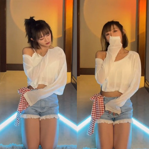 抖音网红代古拉k同款2021夏季气质性感露肩薄款上衣蕾丝花边短裤