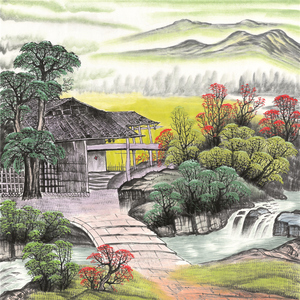 四尺斗方 国画 精品山水【小桥流水】未装裱画芯 平价销售(p)