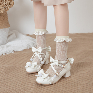 原创lolita鞋猫球细闪结缘狂响圆头中跟花边学生洛丽塔鞋子女lo鞋