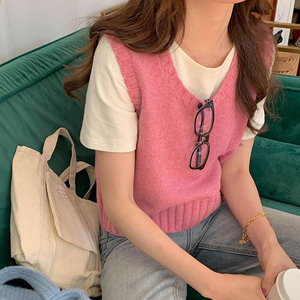 少女粉色针织背心女春夏装韩版学生薄款毛衣马甲无袖外搭坎肩上衣