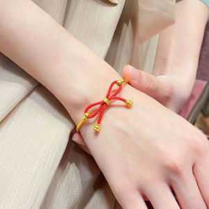 黄金手镯女999足金素圈编织红绳蝴蝶结手链情人节礼物送女友老婆
