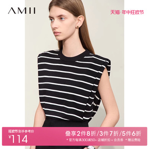 Amii2024夏新款圆领套头直筒条纹宽肩垫肩半袖双曲纱毛针织衫女