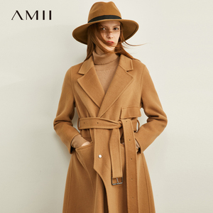 amii复古英伦风羊毛双面呢外套秋冬新款宽松摩卡棕长款毛呢大衣