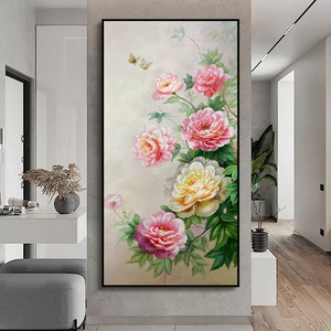 新中式玄关纯手绘油画牡丹花卉挂画花开富贵走廊壁画装饰画竖版