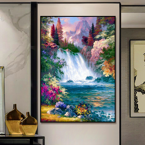 新中式意境山水风景手绘油画竖幅入户玄关走廊挂画别墅复式楼客厅