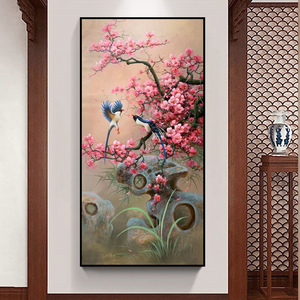 手绘油画喜上枝头花鸟喜鹊玄关装饰画进门玄关走廊挂画新中式壁画
