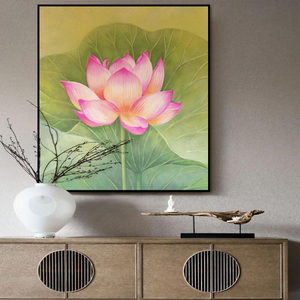 新中式荷花手绘油画现代简约客厅玄关过道方形装饰画和气生财挂画