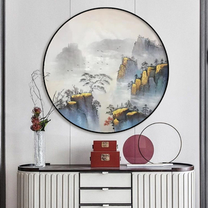 新中式纯手绘油画圆形装饰画迎客松山水风景客厅玄关走廊书房挂画