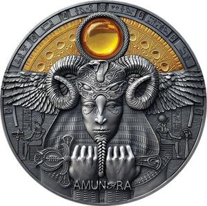 【海寧潮现货】纽埃2020古埃及太阳神阿蒙拉镶嵌琥珀3盎司银币