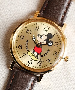 代购 迪士尼米奇mickey金色米老鼠手指指针真皮表带石英表手表