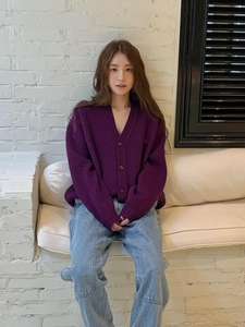 韩国八奶barnnet 宽松大版型紫色毛衣外套女羊毛针织开衫男女同款