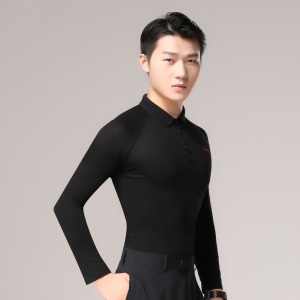 丹宝罗男摩登舞上衣国标舞练功服黑色舞蹈服装成人拉丁舞新款长袖
