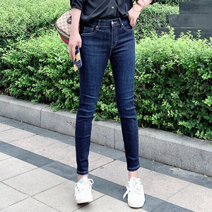 秋新品韩minibrand深蓝松紧高腰弹力9分小脚铅笔牛仔裤女bi入显瘦