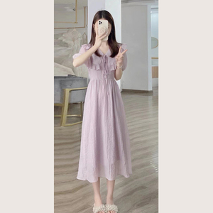 紫色连衣裙女夏2022新款高级感荷叶边法式V领收腰显瘦仙女裙长裙