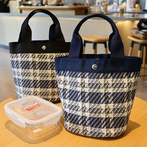 蓝格子帆布手提袋简约百搭小拎包午餐便当包上班族手拎日式饭盒袋