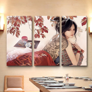 日式挂画酒店浮世绘玄关三联壁画餐厅纹身店美女壁画刺青装饰画