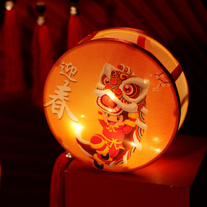 2022过年虎年大吉舞狮圆形发光灯笼提杆汉服宫灯闹元宵节花灯成品