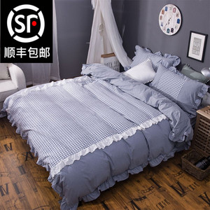 ins四件套全棉公主风床上用品 纯棉床单被套床笠款套件粉色荷叶边图片