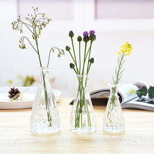 小口玻璃花瓶锥形莲花透明插花办公桌简美风格创意mini三件套摆件