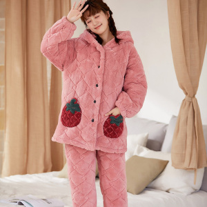 佳洁儿睡衣2021新款冬季女三层加厚连帽超厚长毛绒夹棉套装33163