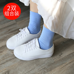浅蓝色袜子中筒袜女士棉袜无骨缝合长袜堆堆袜全棉夏秋季薄款2双