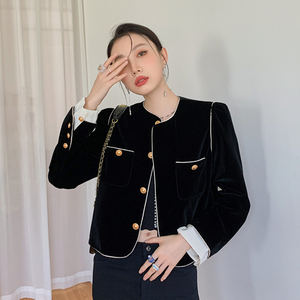 黑色丝绒小香风外套女早春秋薄短款高级感别致小个子法式西装上衣