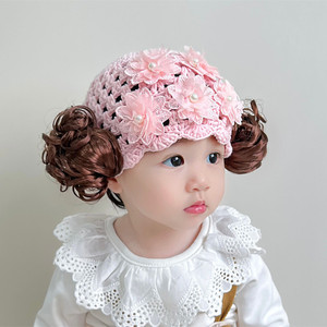 女宝宝假发帽春秋0-1岁周岁公主帽婴儿蕾丝花朵甜美可爱韩国帽秋