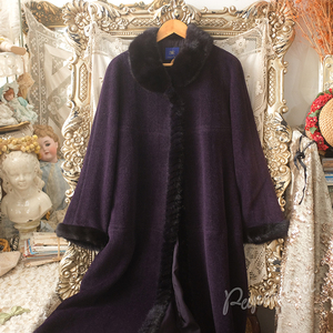 紫色貂毛娃娃领麦瑟尔夫人深紫罗兰100%羊毛日本制vintage大衣