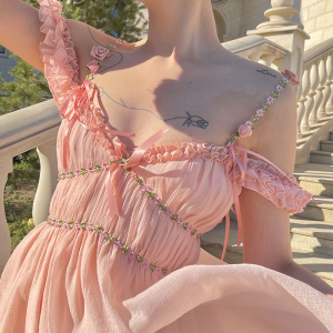 连衣裙长款2022夏新款甜美初恋收腰泡泡袖仙女裙子千姿倩旗舰店388