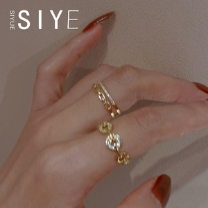 欧范叠戴戒指女时尚个性轻奢小众设计感金币双层链条食指戒指环