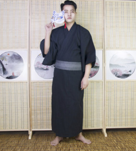 日本传统和服男士浴衣武士长袍浴袍桑拿服写真服装棉麻长款纯黑色