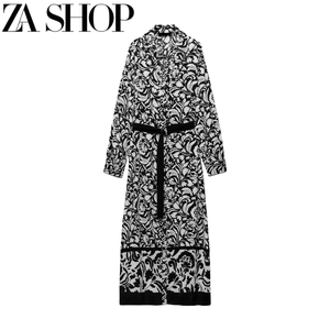 ZA秋季新款女装V形翻领长袖配腰带长裙印花衬衣式连衣裙 9878237
