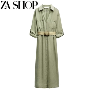 ZA 24夏季新品女装POLO领长袖黄麻腰带衬衣式迷笛连衣裙 8372077