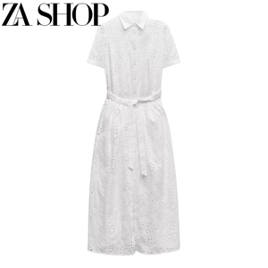 ZA新品女装翻领短袖配腰带叠搭设计镂空刺绣衬衣式连衣裙 2614271