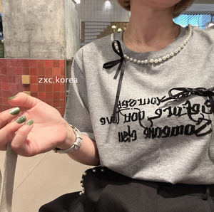 猪小虫韩国进口 女装代购24春夏新品甜美通设计感珍珠领蝴蝶结T恤